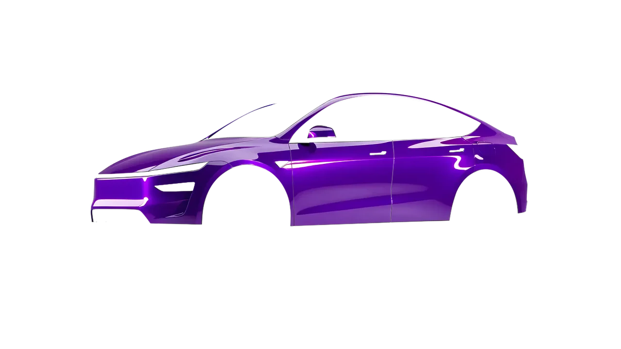 Tesla Model Y Juniper 2025 wrapped in High Gloss Plum Explosion 2.0 (3M HGP258), front three-quarter view