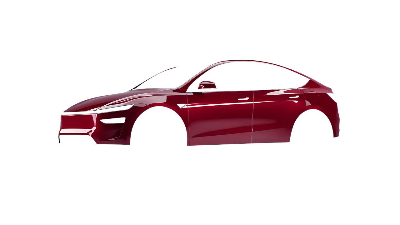 Tesla Model Y Juniper 2025 wrapped in High Gloss Ruby Rosso (3M HG73), front three-quarter view