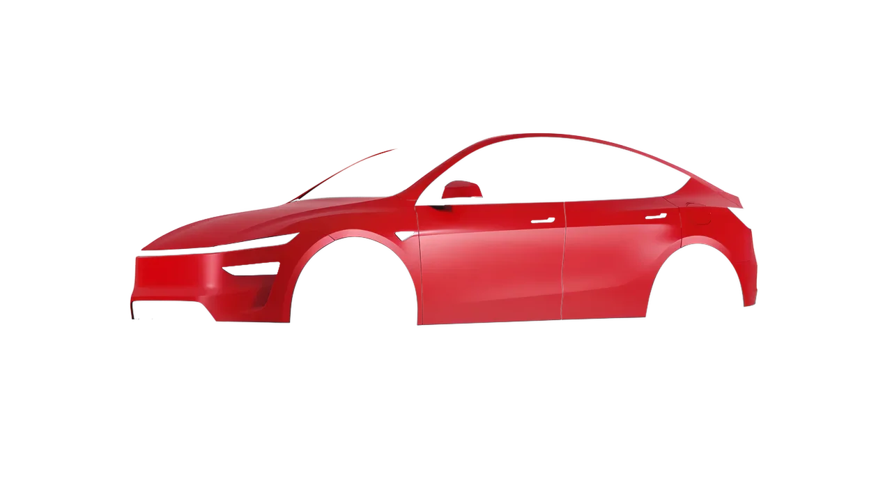 Tesla Model Y Juniper 2025 wrapped in Cardinal Red Matt (ORACAL 970RA-028M), front three-quarter view