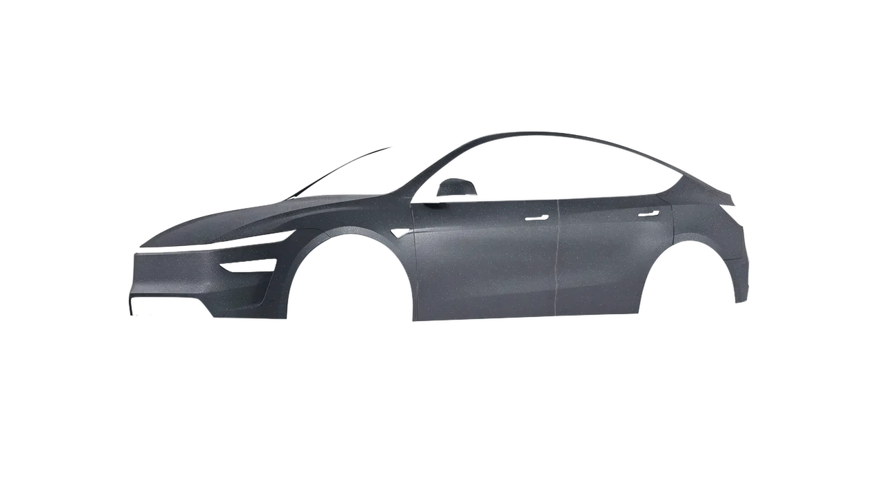 Tesla Model Y Juniper 2025 wrapped in Dark Grey Matt (KPMF K89015), front three-quarter view