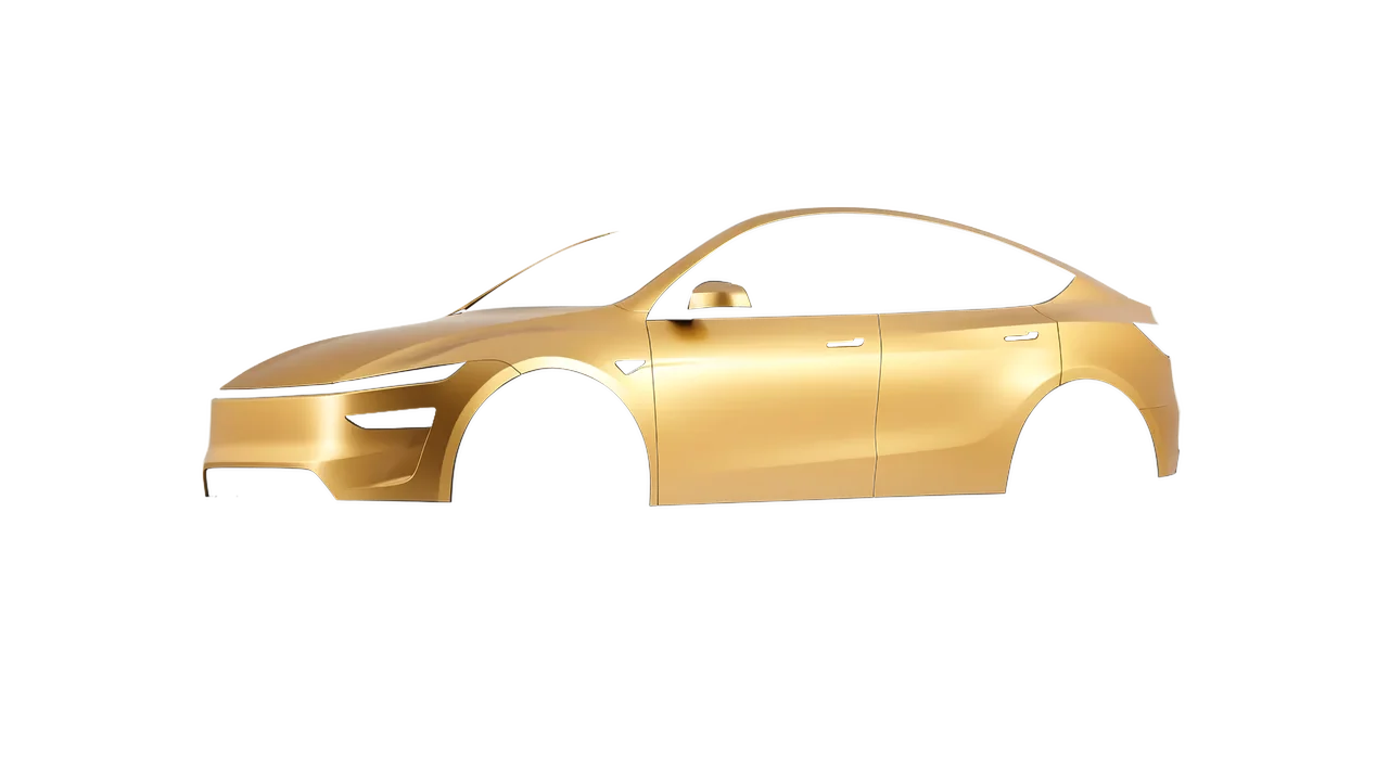 Tesla Model Y Juniper 2025 wrapped in Divine Gold Matt (ORACAL 970RA-995M), front three-quarter view