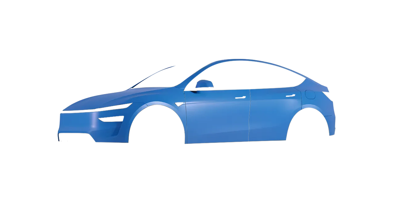 Tesla Model Y Juniper 2025 wrapped in Fjord Blue Matt (ORACAL 970RA-547M), front three-quarter view