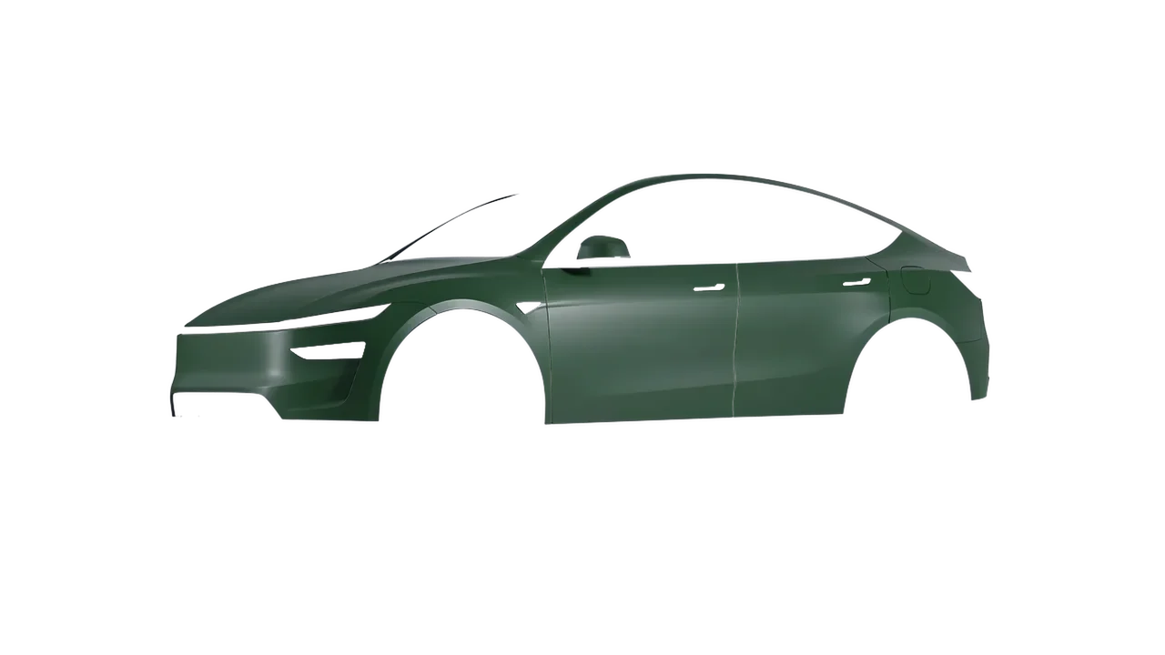 Tesla Model Y Juniper 2025 wrapped in Absolute Matt Forest Green (KPMF K75806), front three-quarter view