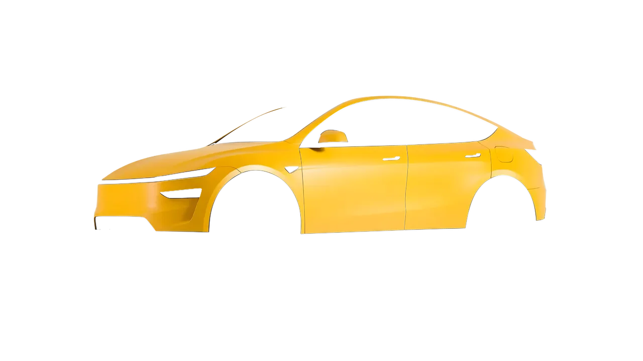 Tesla Model Y Juniper 2025 wrapped in Maize Yellow Matt (ORACAL 970RA-209M), front three-quarter view