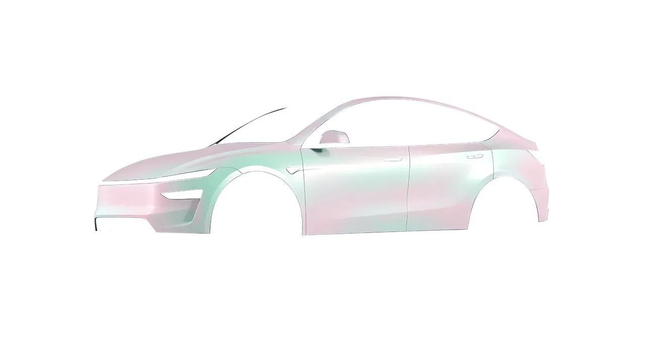 Tesla Model Y Juniper 2025 wrapped in Matt Aurora Pearl (KPMF K75552), front three-quarter view