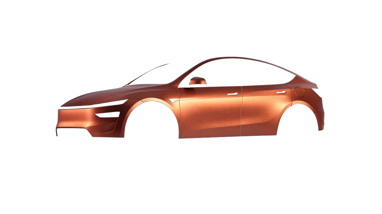 Tesla Model Y Juniper 2025 wrapped in Matt Autumn Fire (KPMF K75554), front three-quarter view