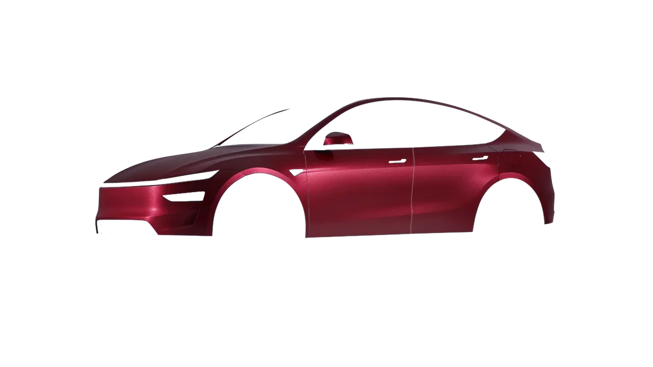 Tesla Model Y Juniper 2025 wrapped in Dark Red Matt (ORACAL 970RA-368M), front three-quarter view