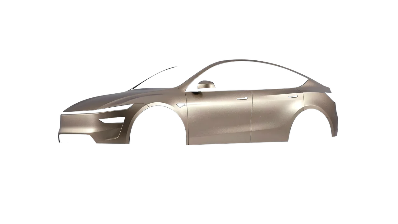 Tesla Model Y Juniper 2025 wrapped in Matt Dune Metallic (KPMF K75516), front three-quarter view