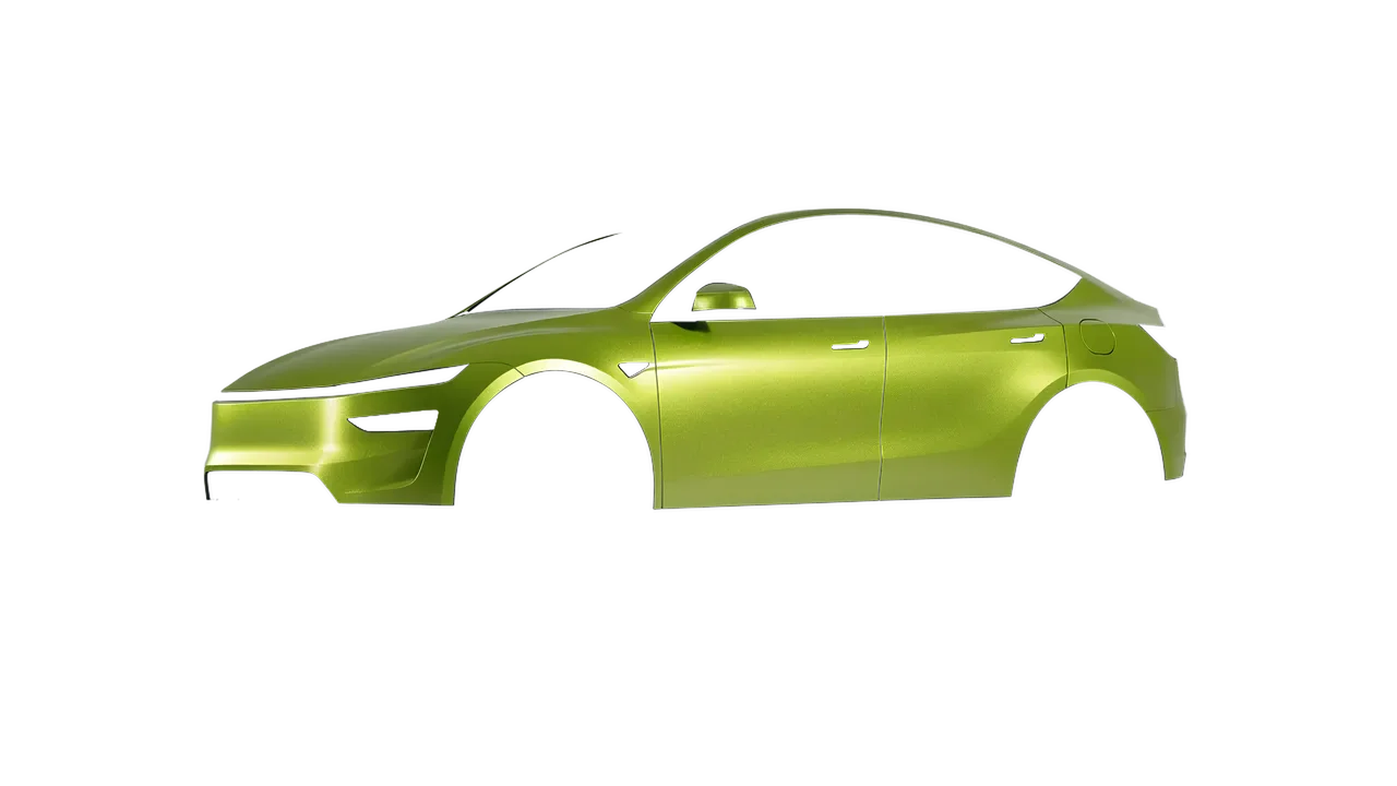 Tesla Model Y Juniper 2025 wrapped in Matt Dynamic Lime (KPMF K75503), front three-quarter view