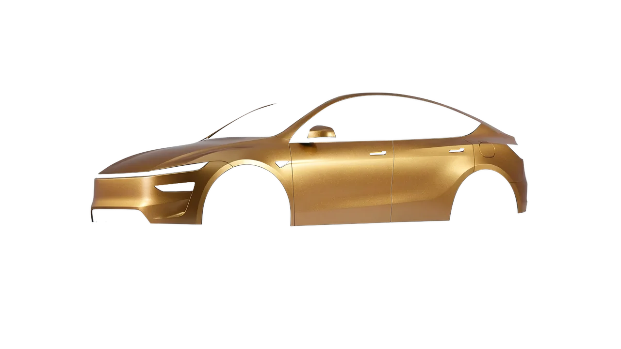 Tesla Model Y Juniper 2025 wrapped in Gold Matt (ORACAL 970RA-091M), front three-quarter view