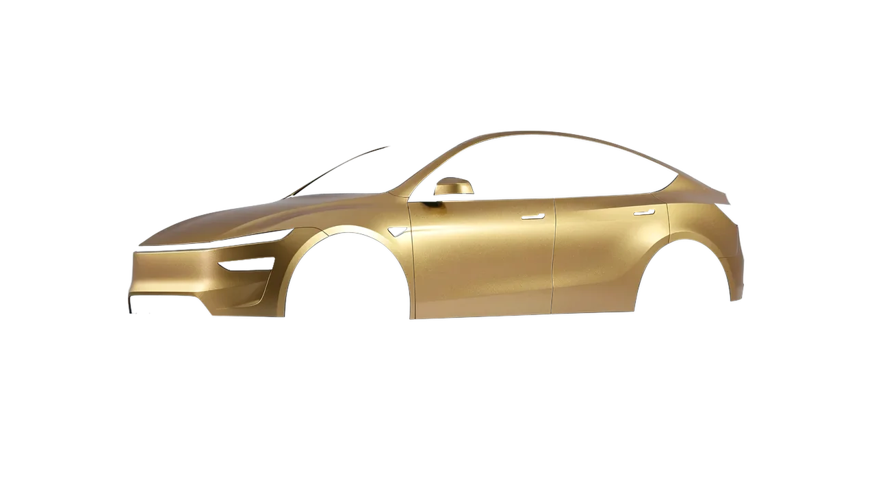 Tesla Model Y Juniper 2025 wrapped in Matt Gold Eclipse (KPMF K75581), front three-quarter view