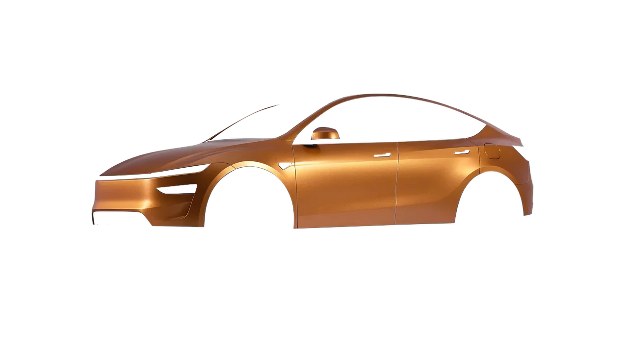 Tesla Model Y Juniper 2025 wrapped in Matt Iced Amber Titanium (KPMF K75591), front three-quarter view