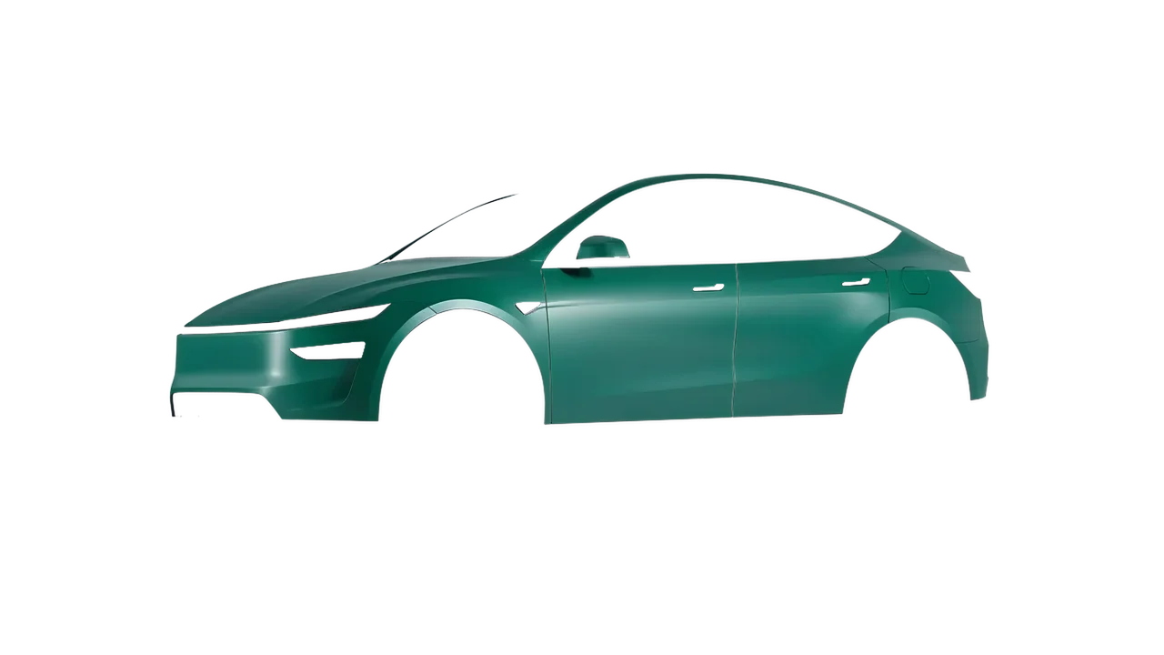 Tesla Model Y Juniper 2025 wrapped in Matt Iced Green Titanium (KPMF K75507), front three-quarter view