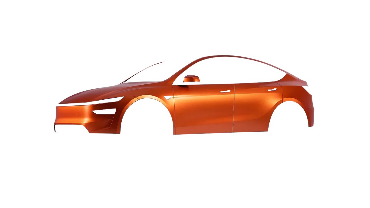 Tesla Model Y Juniper 2025 wrapped in Matt Iced Orange Titanium (KPMF K75502), front three-quarter view