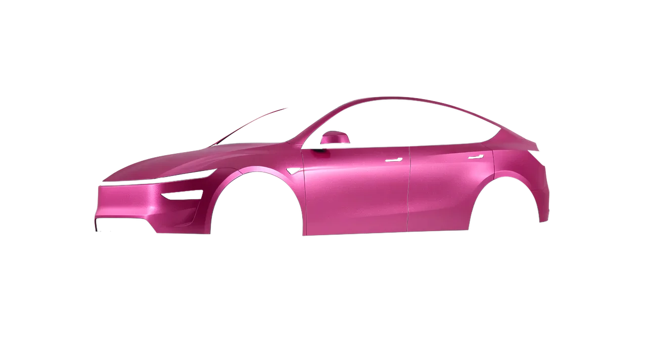 Tesla Model Y Juniper 2025 wrapped in Matt Iced Pink Titanium (KPMF K75504), front three-quarter view