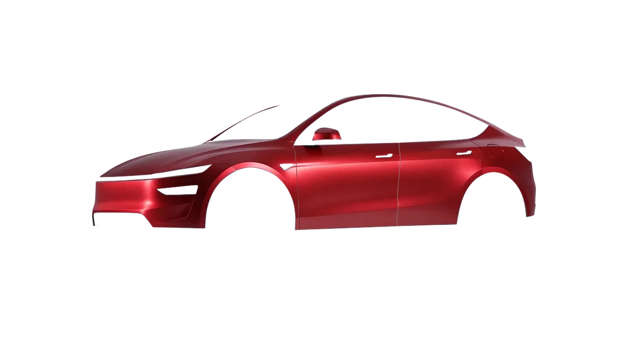 Tesla Model Y Juniper 2025 wrapped in Matt Iced Red Titanium (KPMF K75506), front three-quarter view