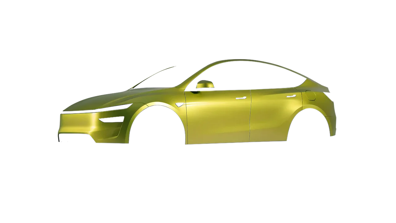 Tesla Model Y Juniper 2025 wrapped in Matt Iced Yellow Titanium (KPMF K75534), front three-quarter view