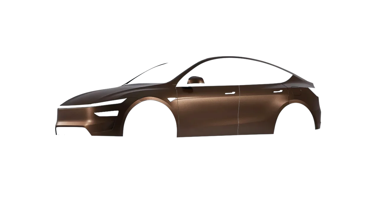 Tesla Model Y Juniper 2025 wrapped in Matt Java Brown (KPMF K75543), front three-quarter view