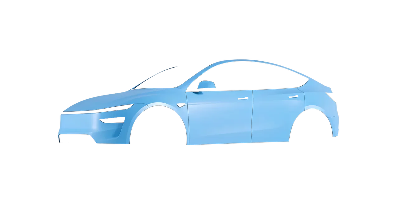 Tesla Model Y Juniper 2025 wrapped in Matt Palladian Blue (KPMF K75517), front three-quarter view