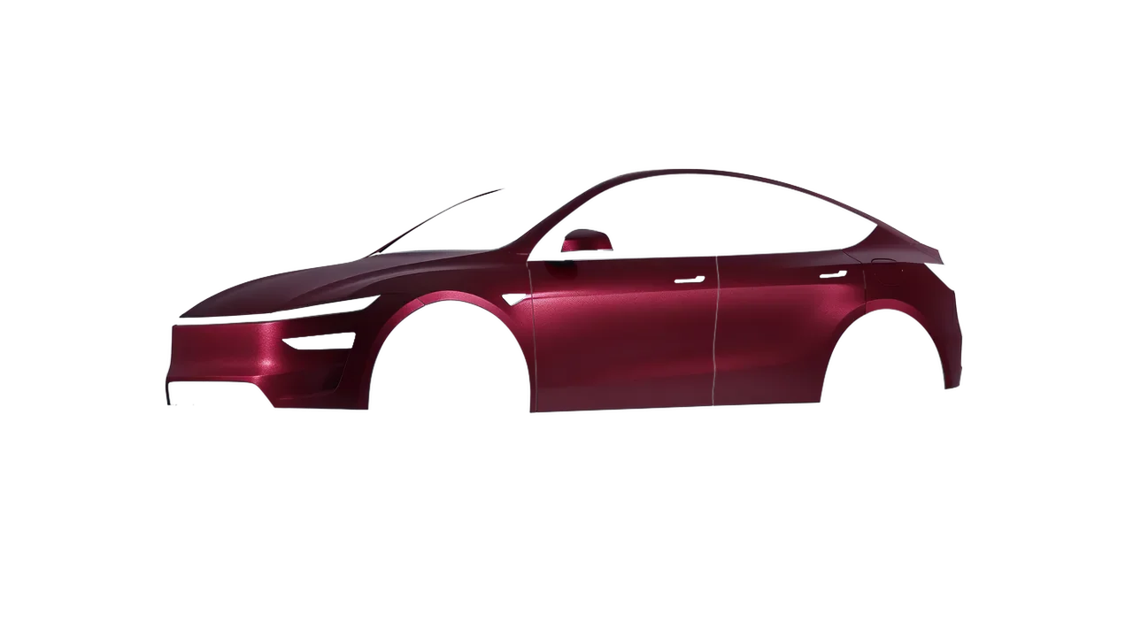 Tesla Model Y Juniper 2025 wrapped in Red Brown Matt (ORACAL 970RA-369M), front three-quarter view