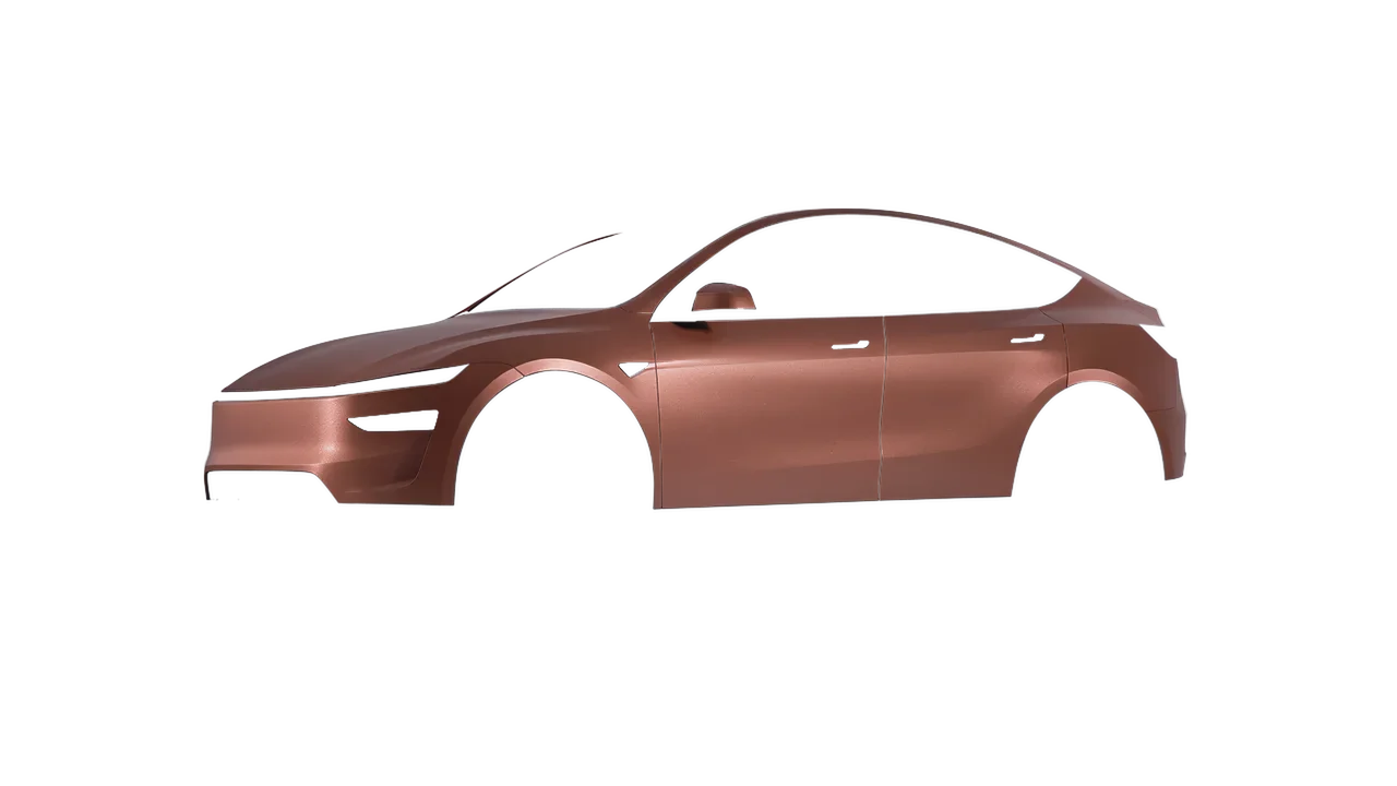 Tesla Model Y Juniper 2025 wrapped in Matt Russet Red (KPMF K75545), front three-quarter view