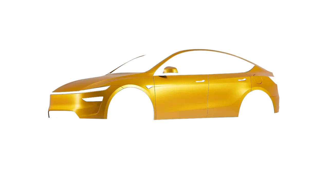 Tesla Model Y Juniper 2025 wrapped in Matt Sonic Yellow Pearl (KPMF K75538), front three-quarter view