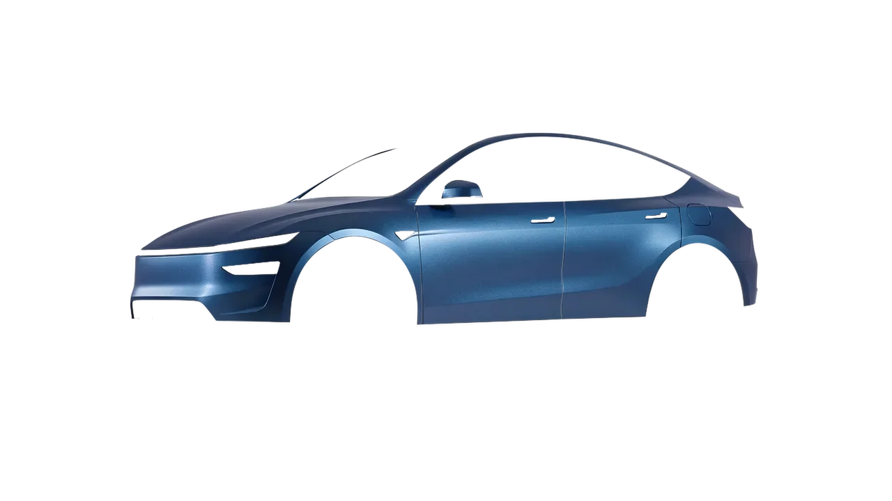 Tesla Model Y Juniper 2025 wrapped in Matt Trenton Blue (KPMF K75544), front three-quarter view