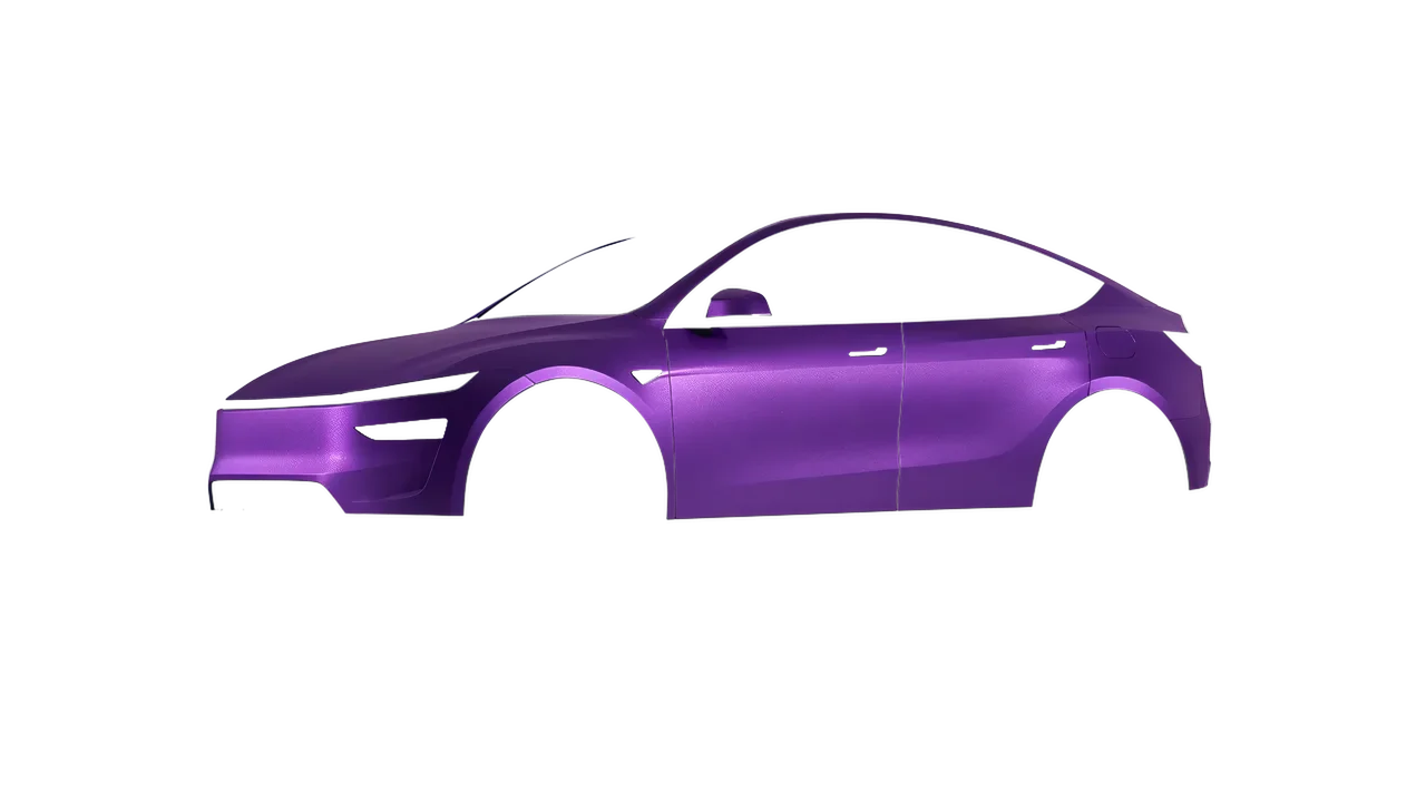 Tesla Model Y Juniper 2025 wrapped in Violet Matt (ORACAL 970RA-406M), front three-quarter view