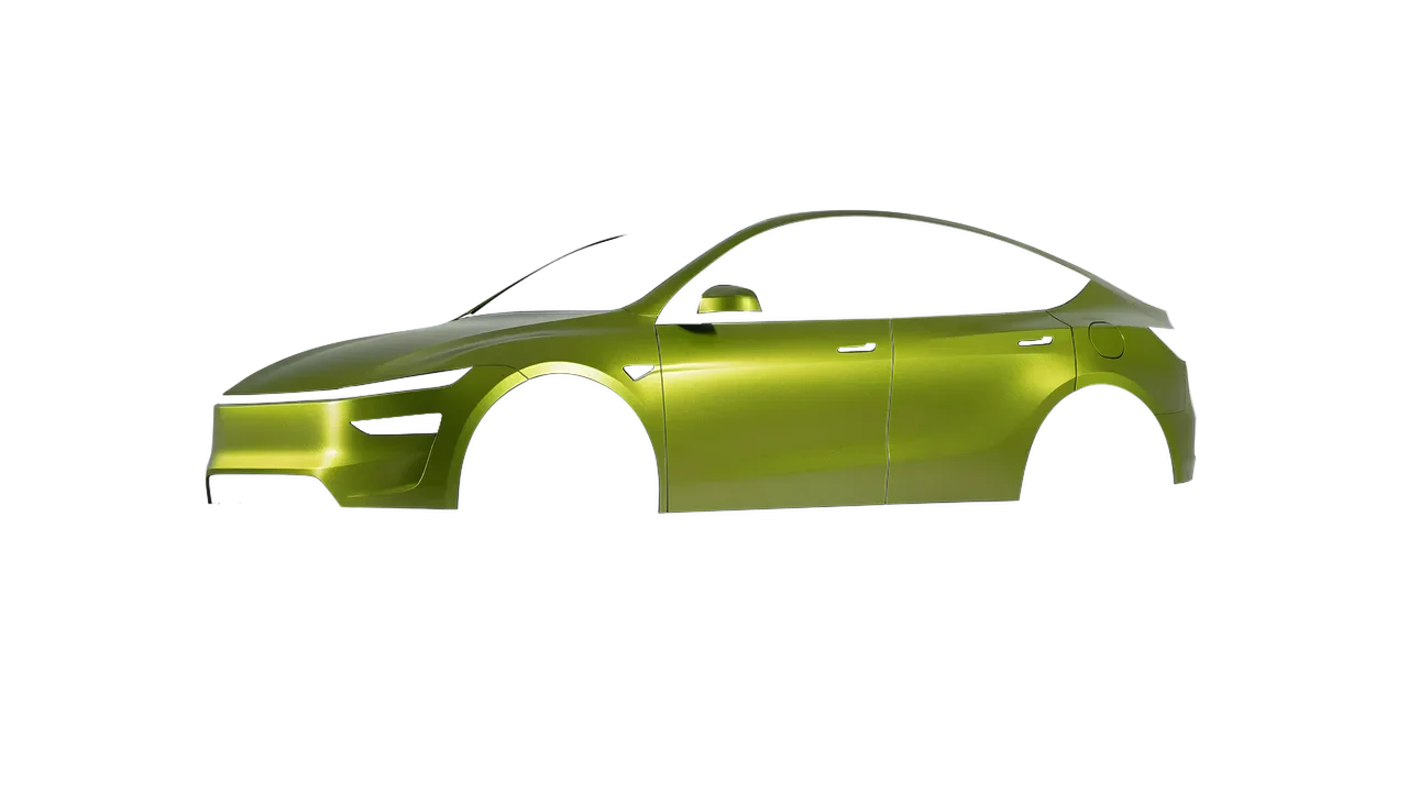 Tesla Model Y Juniper 2025 wrapped in Matt Viper Green (KPMF K75542), front three-quarter view
