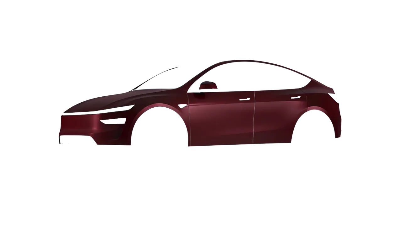 Tesla Model Y Juniper 2025 wrapped in Matt Widowed Red (KPMF K75508), front three-quarter view