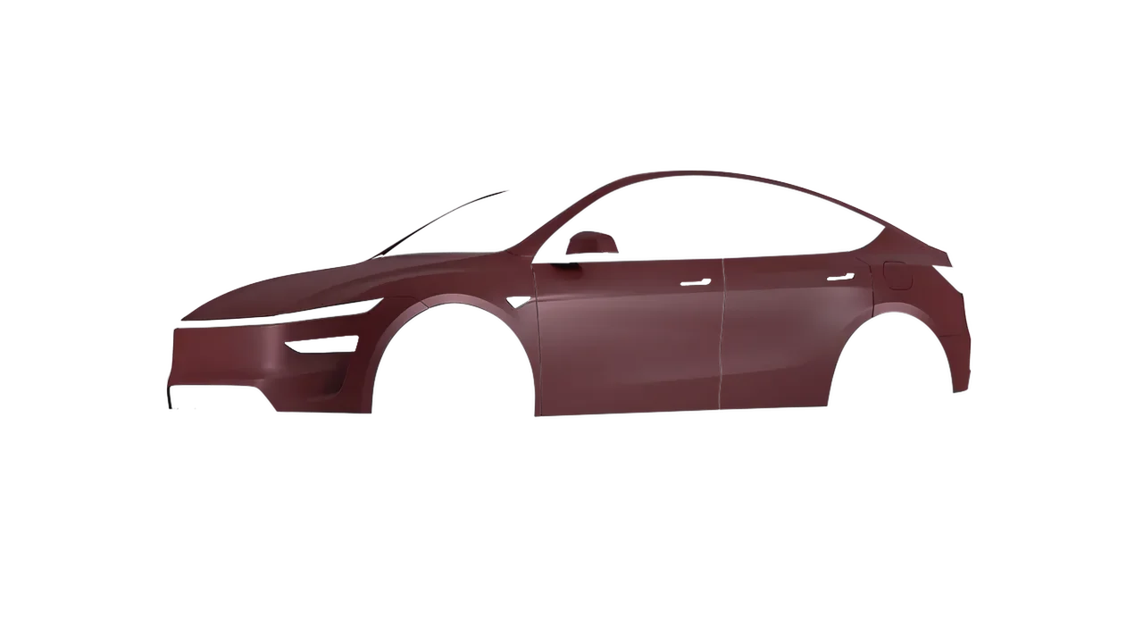 Tesla Model Y Juniper 2025 wrapped in Absolute Matt Mythos Red (KPMF K75801), front three-quarter view