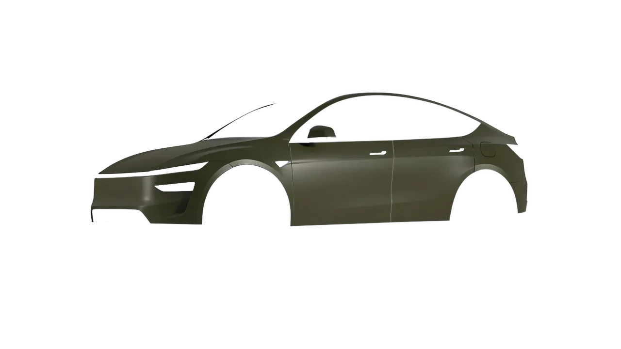 Tesla Model Y Juniper 2025 wrapped in Nato Olive Matt (ORACAL 970RA-285M), front three-quarter view