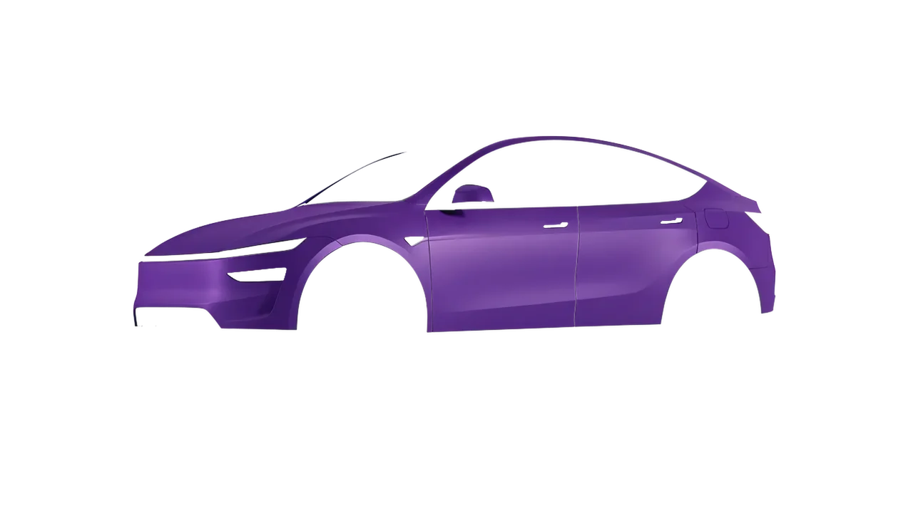 Tesla Model Y Juniper 2025 wrapped in Absolute Matt Royal Amethyst (KPMF K75803), front three-quarter view