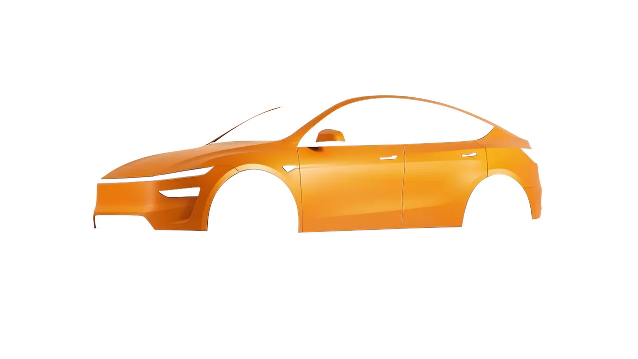 Tesla Model Y Juniper 2025 wrapped in Safron Yellow Matt (ORACAL 970RA-223M), front three-quarter view