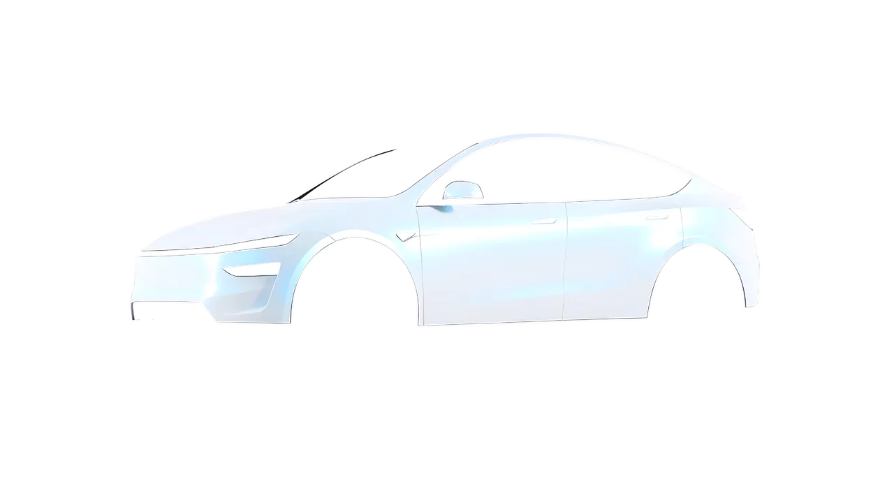 Tesla Model Y Juniper 2025 wrapped in Matt Blue White Pearlescent (KPMF K75584), front three-quarter view