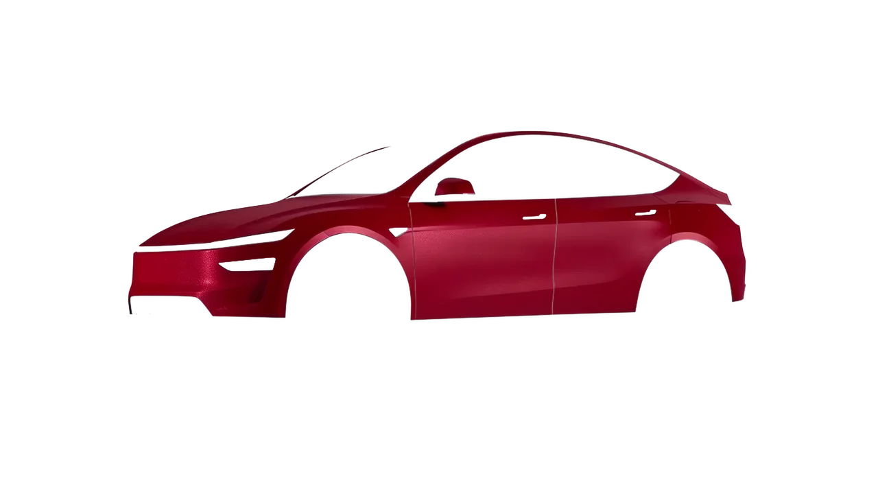 Tesla Model Y Juniper 2025 wrapped in Imperial Red Matt (ORACAL 970RA-372M), front three-quarter view
