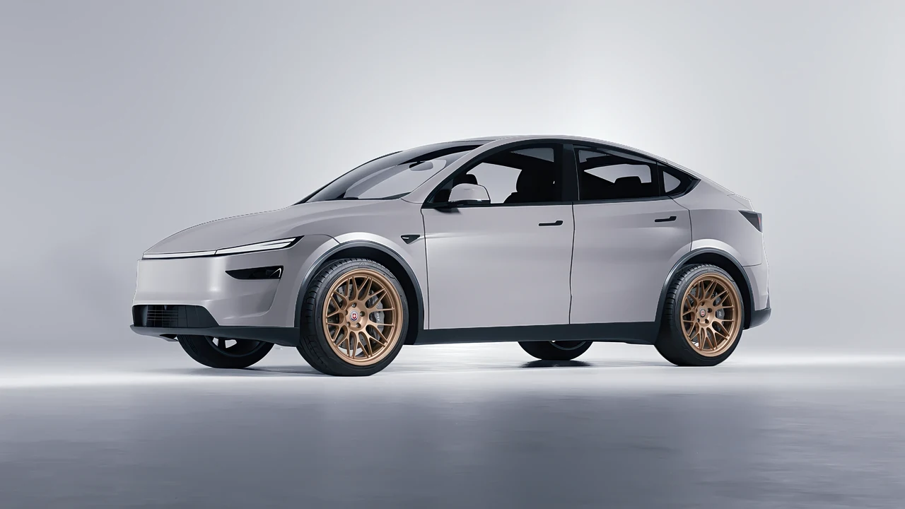 Tesla Model Y Juniper 2025 on HRE Performance Wheels 300-GTS forged wheels, front three-quarter view