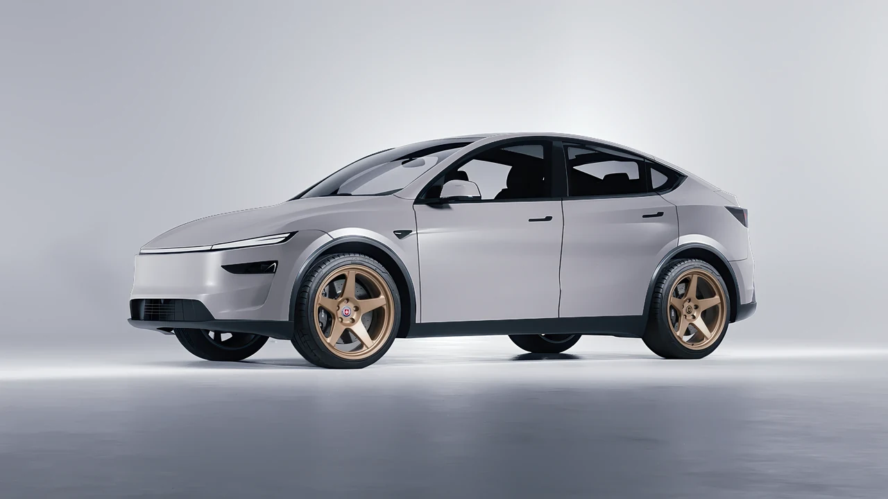 Tesla Model Y Juniper 2025 on HRE Performance Wheels 305-GTS forged wheels, front three-quarter view