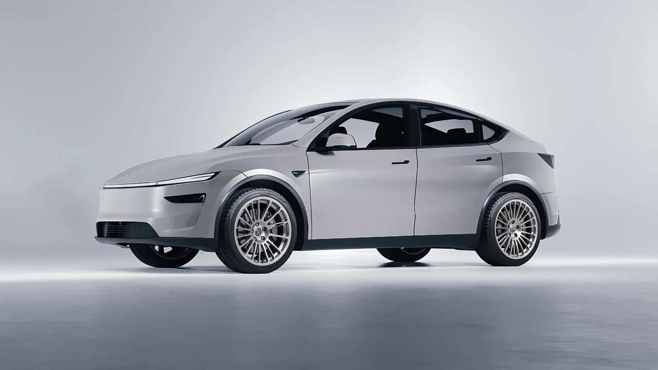 Tesla Model Y Juniper 2025 on HRE Performance Wheels 309M forged wheels, front three-quarter view