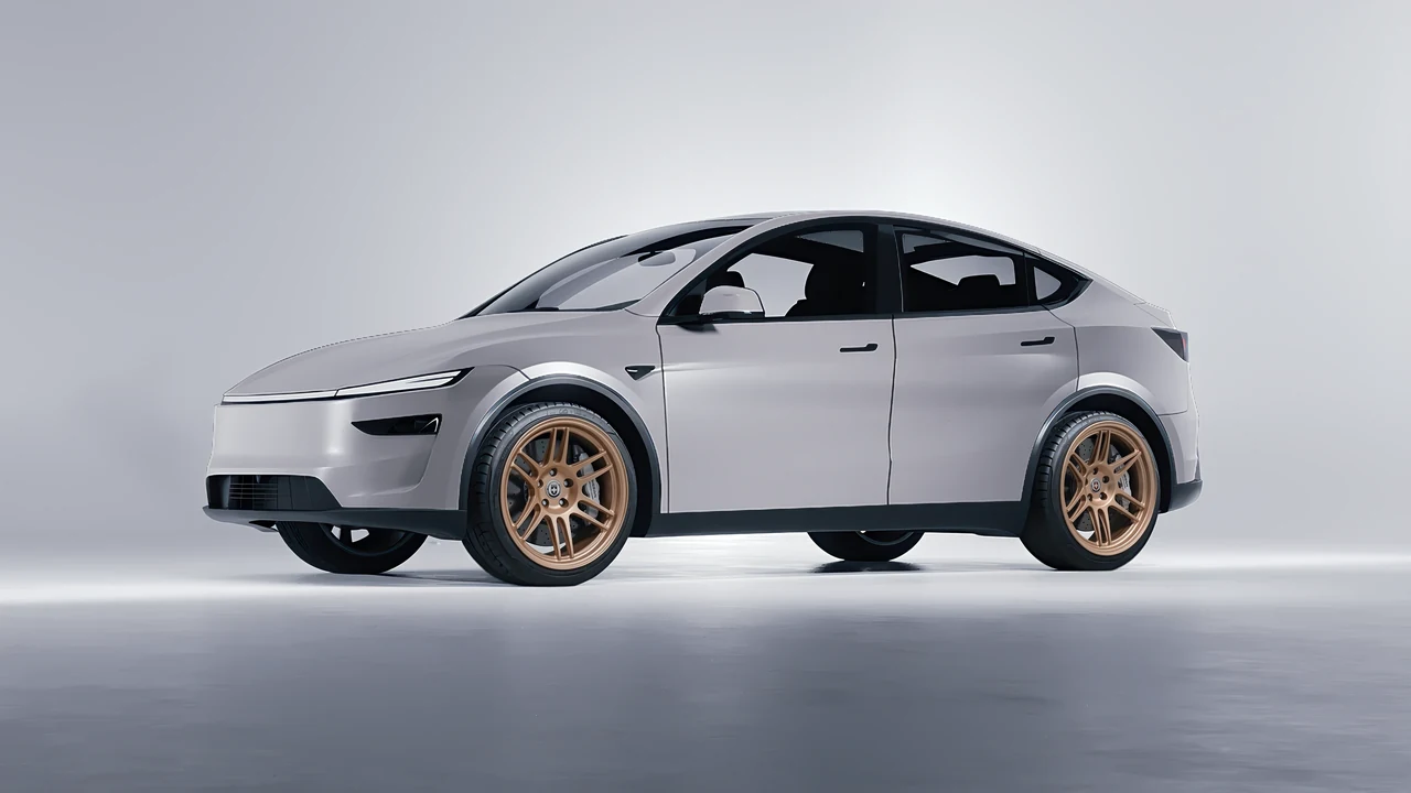 Tesla Model Y Juniper 2025 on HRE Performance Wheels 312-GTS forged wheels, front three-quarter view
