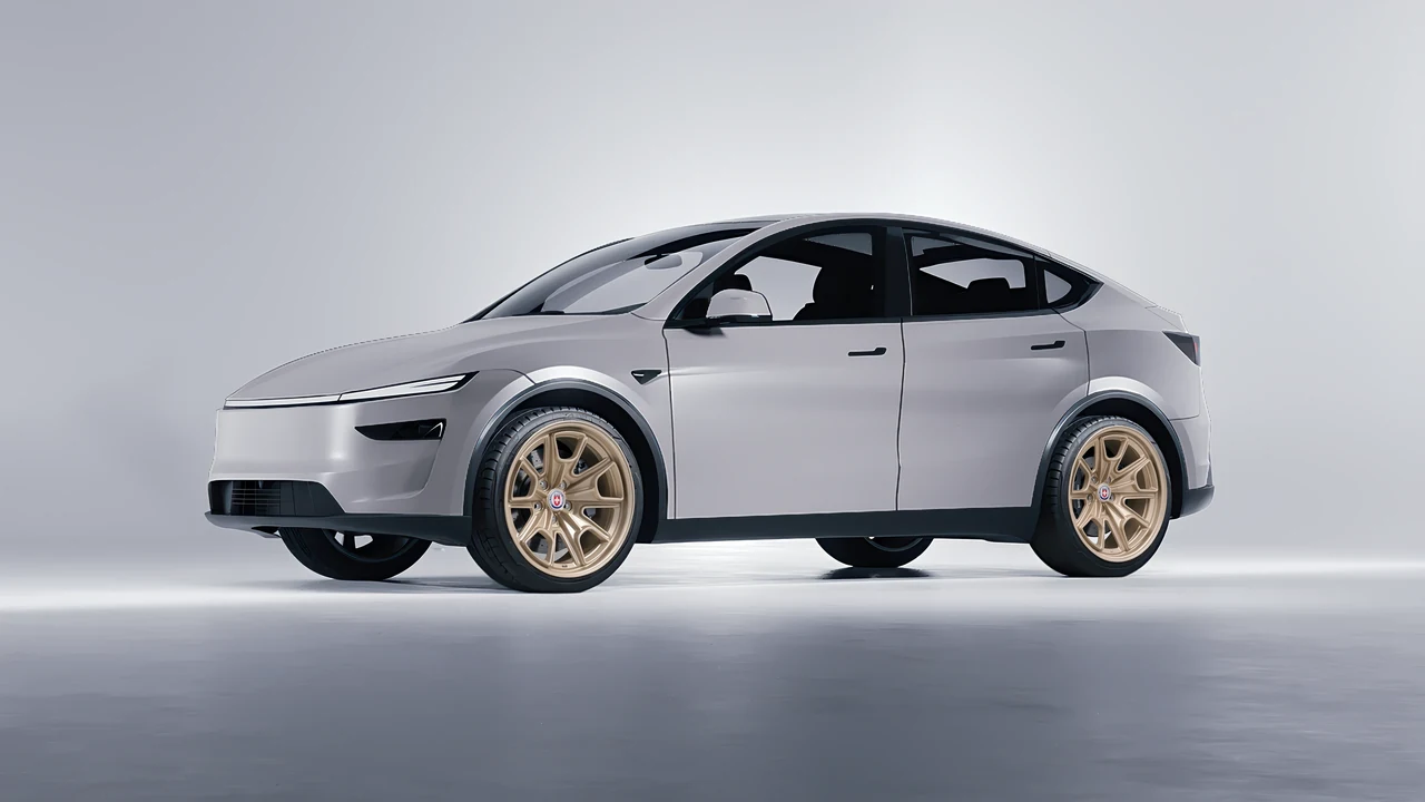 Tesla Model Y Juniper 2025 on HRE Performance Wheels 427M forged wheels, front three-quarter view