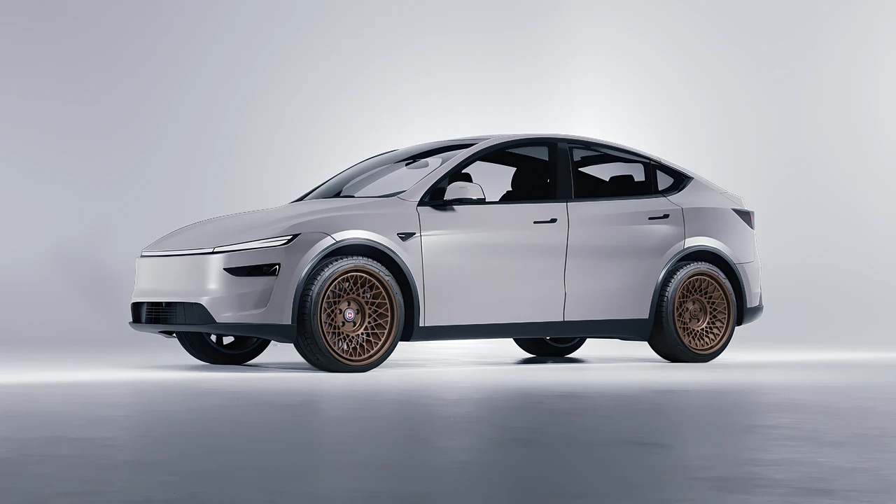 Tesla Model Y Juniper 2025 on HRE Performance Wheels 501-GTM forged wheels, front three-quarter view