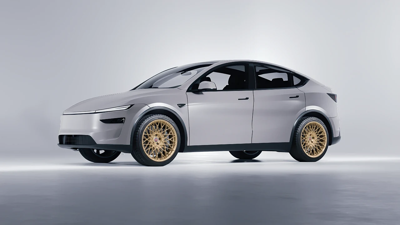 Tesla Model Y Juniper 2025 on HRE Performance Wheels 501M forged wheels, front three-quarter view