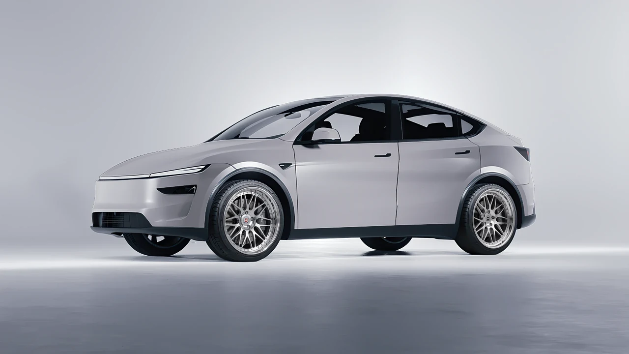 Tesla Model Y Juniper 2025 on HRE Performance Wheels 540C forged wheels, front three-quarter view