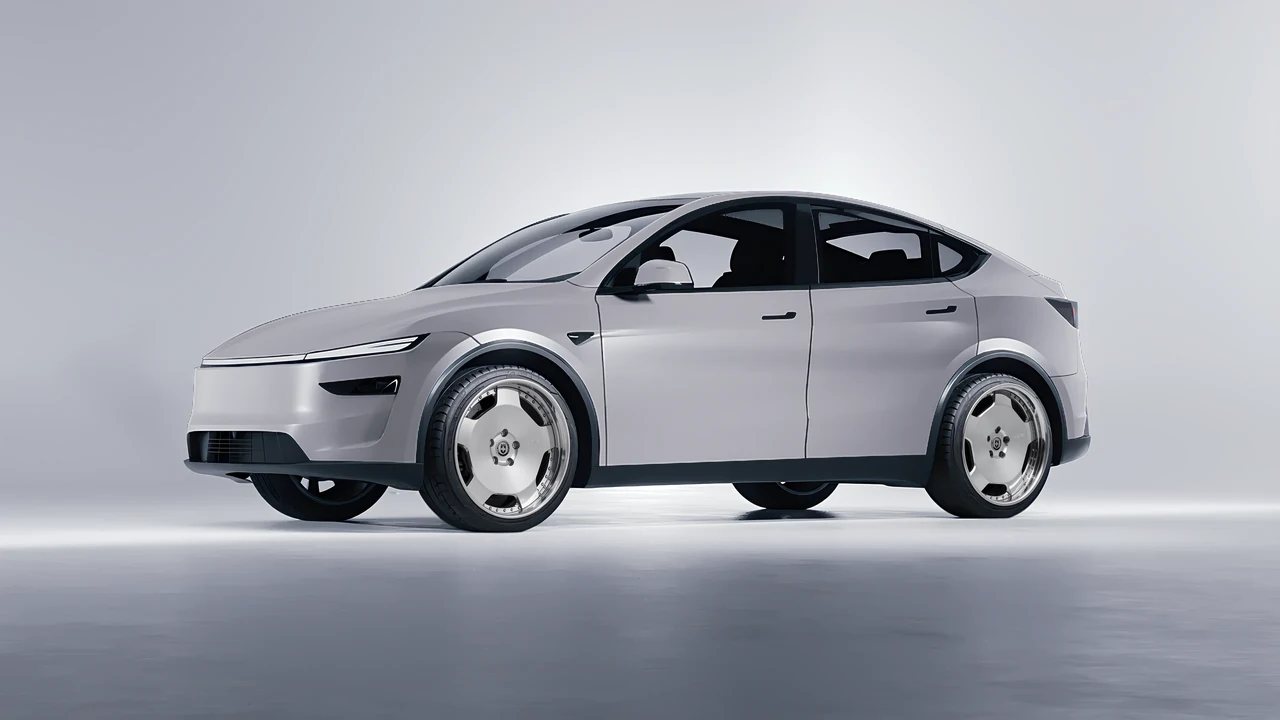 Tesla Model Y Juniper 2025 on HRE Performance Wheels 544C forged wheels, front three-quarter view