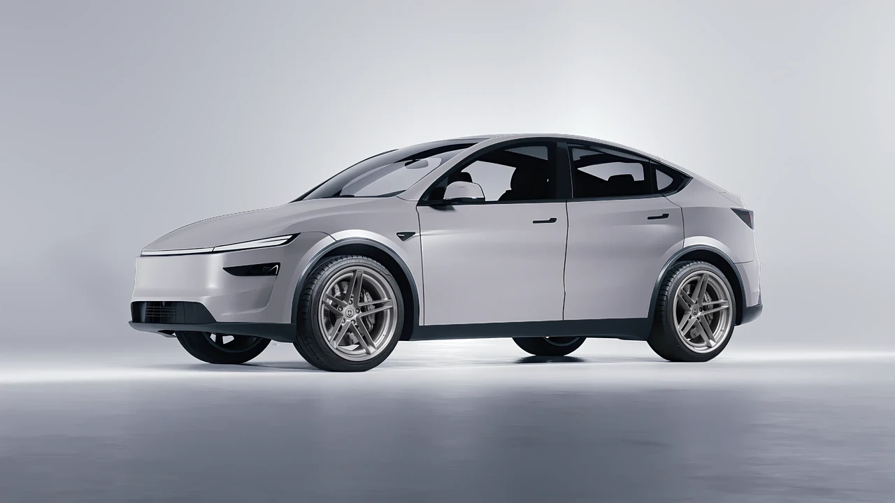 Tesla Model Y Juniper 2025 on HRE Performance Wheels G-Code forged wheels, front three-quarter view