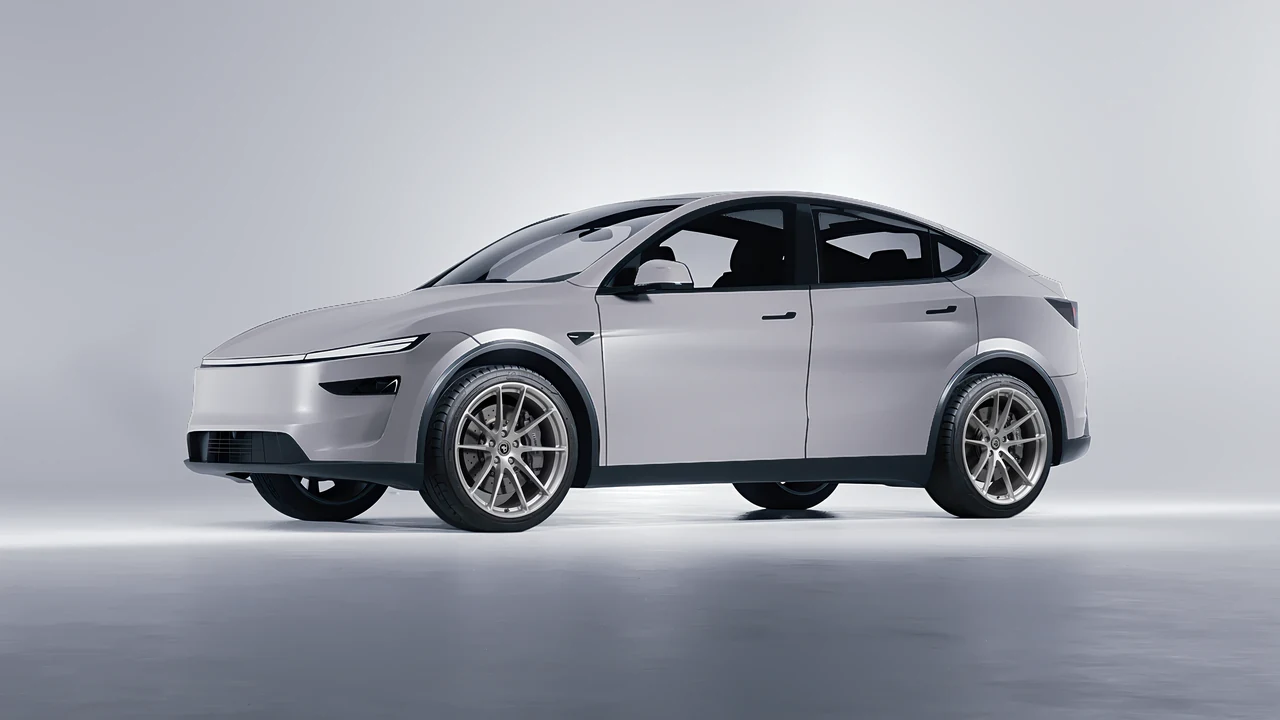 Tesla Model Y Juniper 2025 on HRE Performance Wheels P104 forged wheels, front three-quarter view