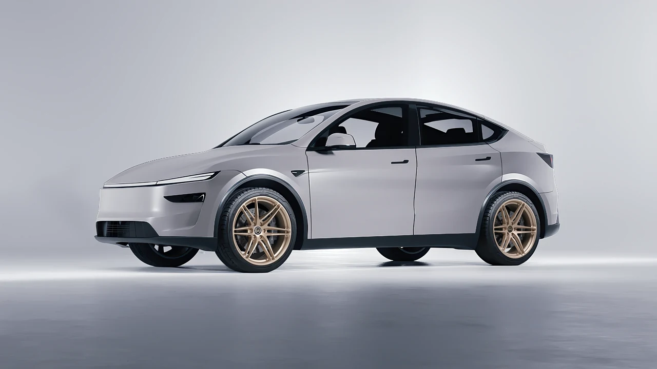 Tesla Model Y Juniper 2025 on HRE Performance Wheels P106 forged wheels, front three-quarter view