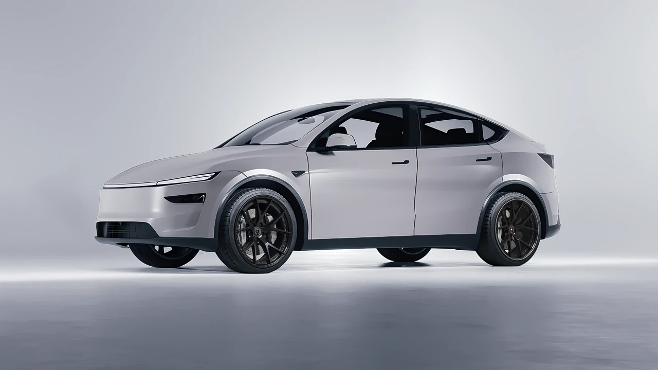 Tesla Model Y Juniper 2025 on HRE Performance Wheels S101 forged wheels, front three-quarter view