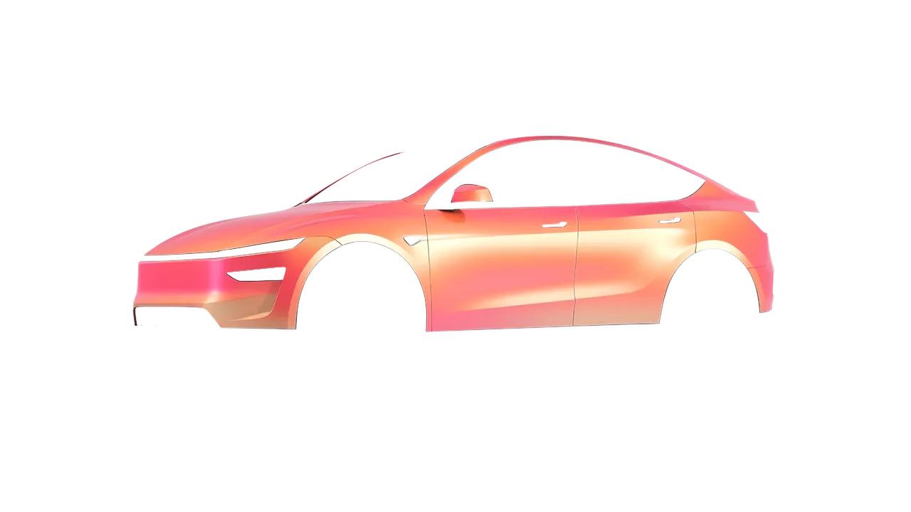 Tesla Model Y Juniper 2025 wrapped in Satin Flip Electric Coral (3M SP213), front three-quarter view